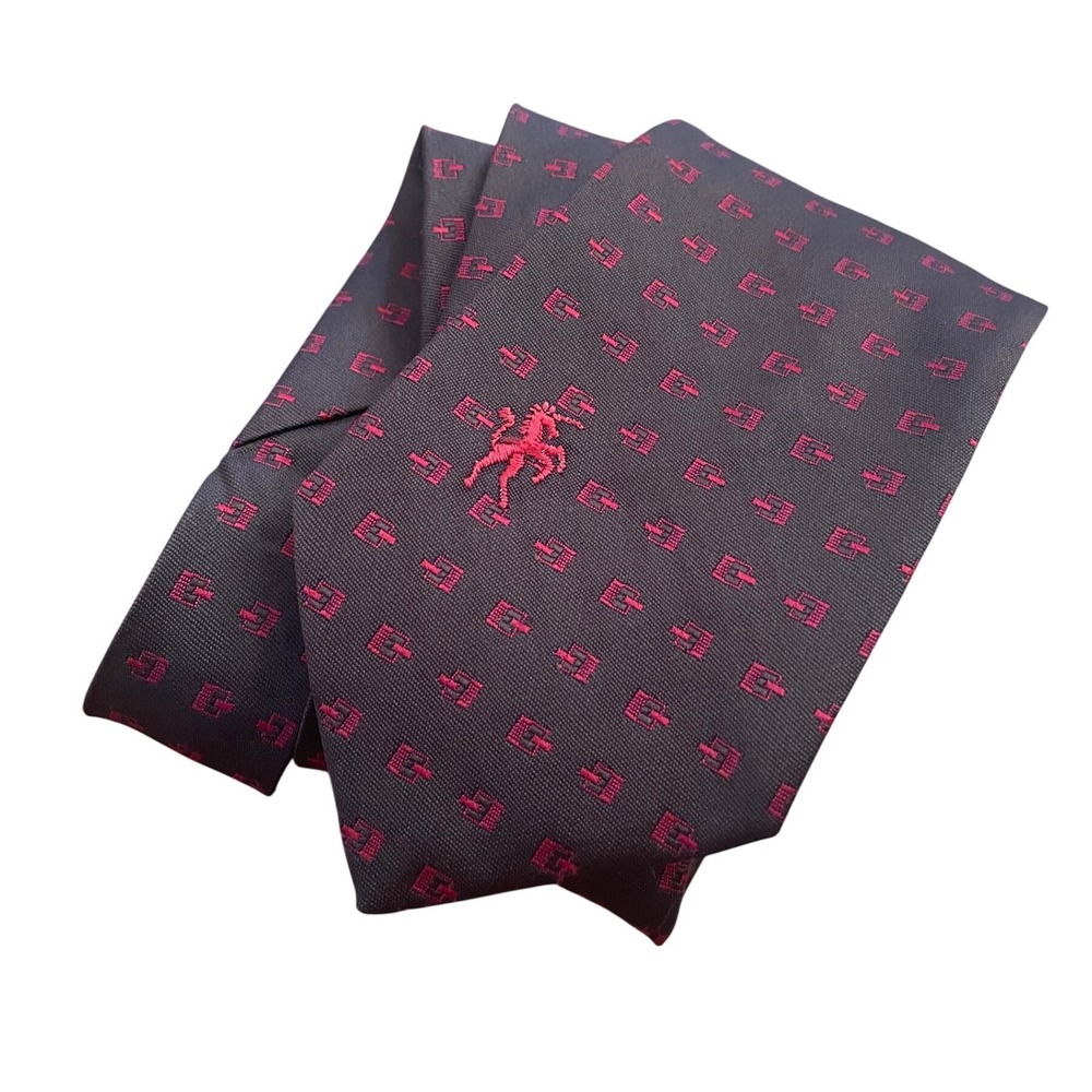 Bronzini Mens Tie Burgundy Red Geometric Monogram Unicorn Logo Polyester